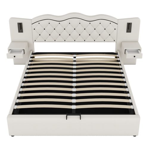 Lit Adulte 180x200 Cm Coffre De Rangement, Lampes LED, Chevets, Tiroirs, Ports USB, Lin Beige