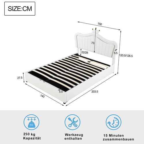 Lit Enfant 140x200 Cm Pu Blanc Avec LED Et Coffre De Rangement Hydraulique, Forme Couronne