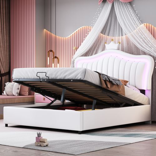Lit Enfant 140x200 Cm Pu Blanc Avec LED Et Coffre De Rangement Hydraulique, Forme Couronne