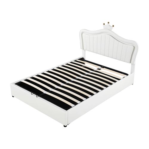 Lit Enfant 140x200 Cm Pu Blanc Avec LED Et Coffre De Rangement Hydraulique, Forme Couronne