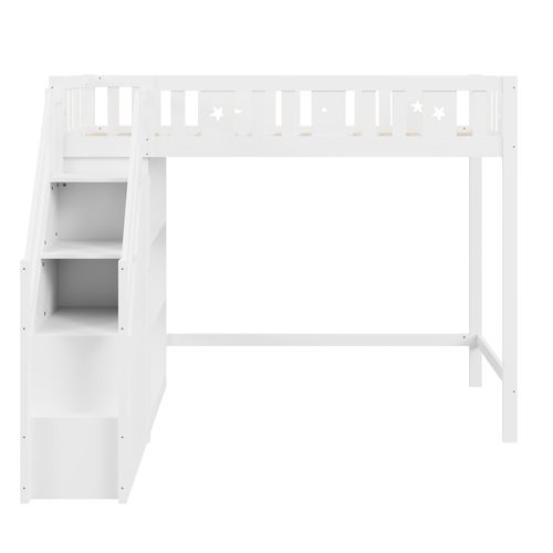 Lit Mezzanine Enfant 90x200 Cm En Pin Blanc Avec Escalier à Portes Et Étagères