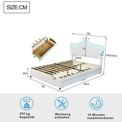 Lit Enfant 140x200 Cm En Forme De Couronne Avec LED Et 4 Tiroirs De Rangement, Pu Blanc