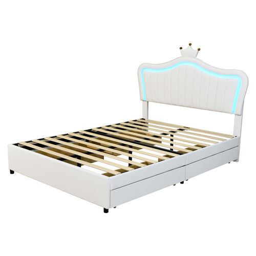 Lit Enfant 140x200 Cm En Forme De Couronne Avec LED Et 4 Tiroirs De Rangement, Pu Blanc