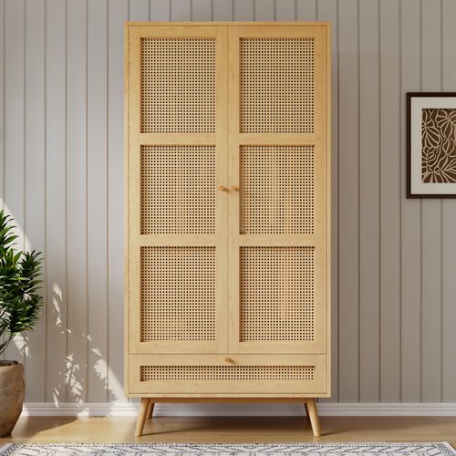 Armoire 2 Portes 90x45x183 Cm Bois Naturel Avec Rangements Et Poignées Métal, Chambre