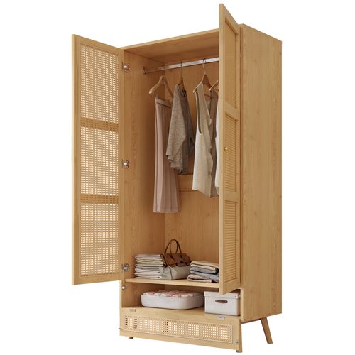 Armoire 2 Portes 90x45x183 Cm Bois Naturel Avec Rangements Et Poignées Métal, Chambre