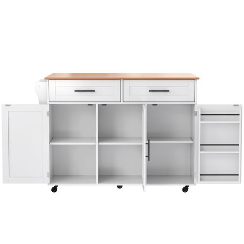 Desserte 129x71x91,5 Cm Blanc, Plan Pliant, 2 Tiroirs, 3 Étagères Réglables, Roulettes