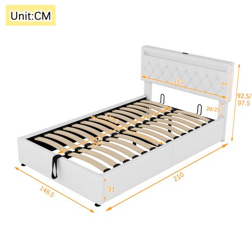 Lit Coffre 140x200 Cm 2 Places Avec Rangement, Éclairage LED, Ports USB/type-c, Lin Blanc