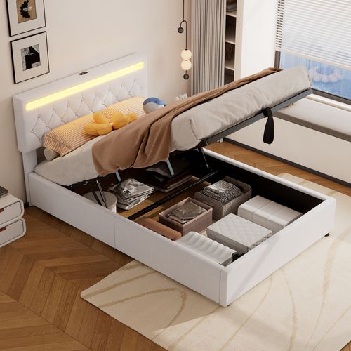 Lit Coffre 140x200 Cm 2 Places Avec Rangement, Éclairage LED, Ports USB/type-c, Lin Blanc