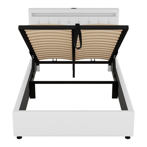 Lit Coffre 140x200 Cm 2 Places Avec Rangement, Éclairage LED, Ports USB/type-c, Lin Blanc