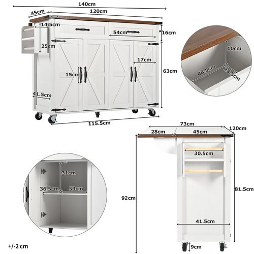 Desserte De Cuisine Blanche à Roulettes, Îlot Rabattable, 4 Portes Et 2 Tiroirs, Rangement Pratique
