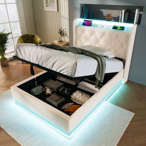 Lit Enfant LED 90x200 Cm Avec Coffre, Rangement Hydraulique Et USB Type-c, Pu Blanc