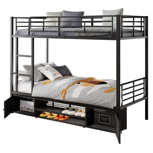 Lit Superposé Enfant 90x200 Cm En Métal Noir Avec Étagère à Chaussures Et 2 Portes