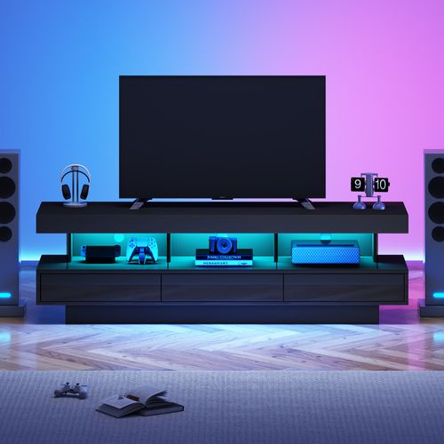 Meuble TV 160x38x50,5 Cm Noir Laqué, 3 Plateaux En Verre, LED Bluetooth, Contrôle Par App