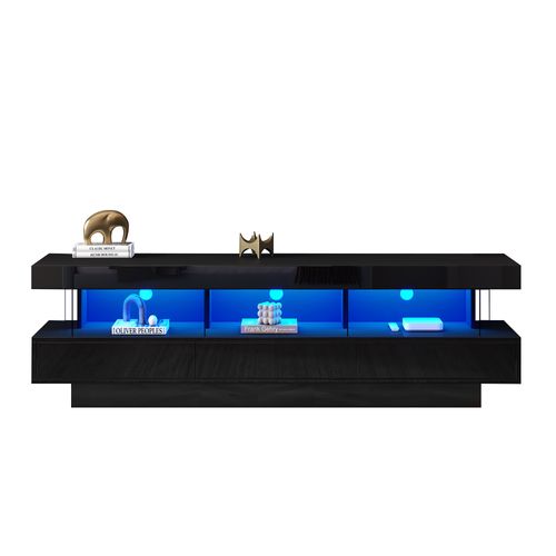 Meuble TV 160x38x50,5 Cm Noir Laqué, 3 Plateaux En Verre, LED Bluetooth, Contrôle Par App
