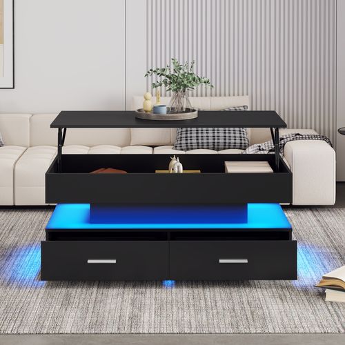 Table Basse Relevable Noir 100x50x44 Cm Avec LED Bluetooth, 2 Tiroirs Et Rangement Ouverte/caché
