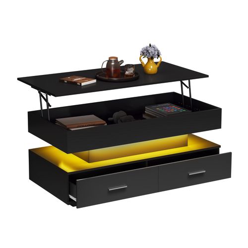 Table Basse Relevable Noir 100x50x44 Cm Avec LED Bluetooth, 2 Tiroirs Et Rangement Ouverte/caché