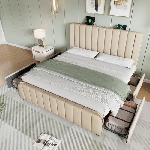 Lit Adulte 140x200 Cm En Lin Beige Avec 4 Tiroirs, Ports USB/type‑c, Sommier à Lattes