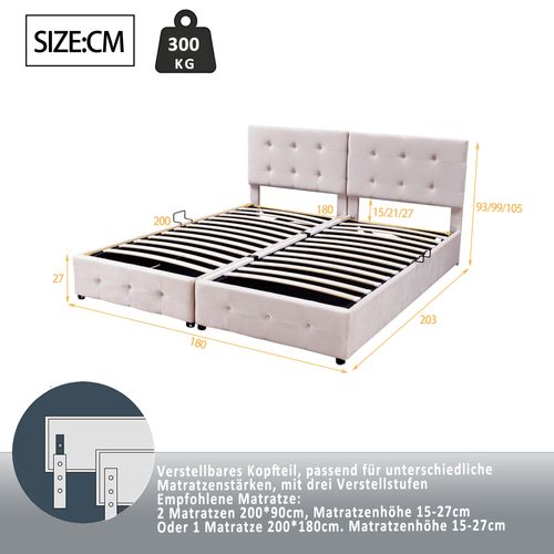 Lit Coffre 180x200 Cm Convertible En 2 Lits Enfant Avec Rangement, Velours Beige, Sommier à Lattes