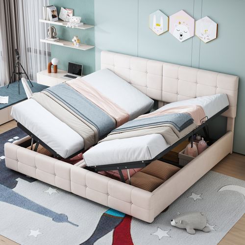 Lit Coffre 180x200 Cm Convertible En 2 Lits Enfant Avec Rangement, Velours Beige, Sommier à Lattes