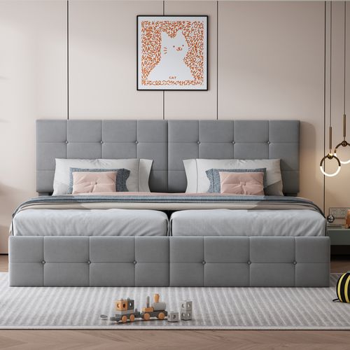 Lit Coffre 180x200 Cm Convertible En 2 Lits Enfant Avec Rangement, Velours Gris, Sommier à Lattes