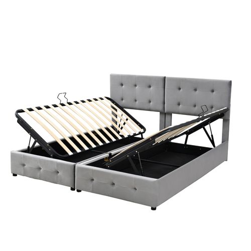 Lit Coffre 180x200 Cm Convertible En 2 Lits Enfant Avec Rangement, Velours Gris, Sommier à Lattes