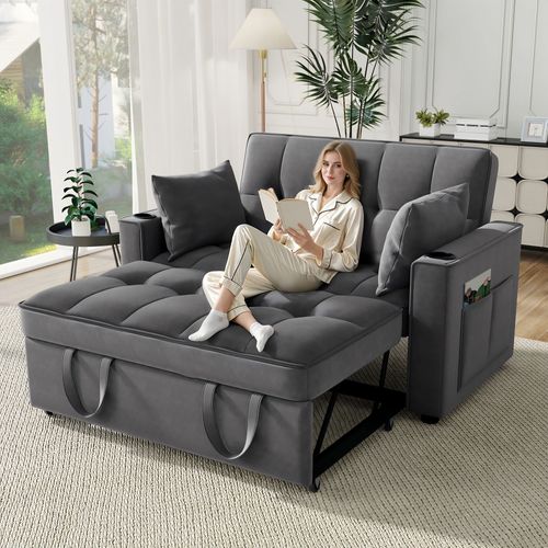Canapé Convertible 2 Places Velours Gris, Dossier Réglable Avec Porte-gobelets Et Poches Latérales