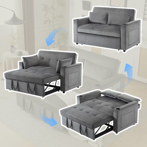 Canapé Convertible 2 Places Velours Gris, Dossier Réglable Avec Porte-gobelets Et Poches Latérales