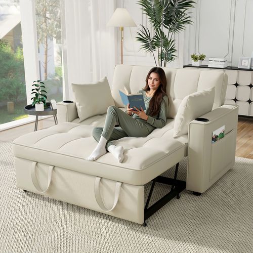 Canapé Convertible 2 Places Velours Beige, Dossier Réglable Avec Porte-gobelets Et 2 Coussins