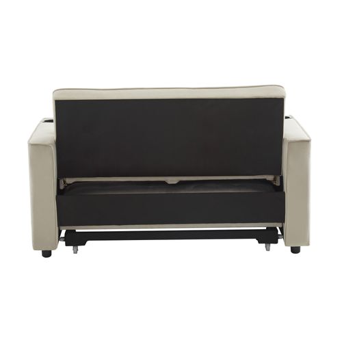 Canapé Convertible 2 Places Velours Beige, Dossier Réglable Avec Porte-gobelets Et 2 Coussins