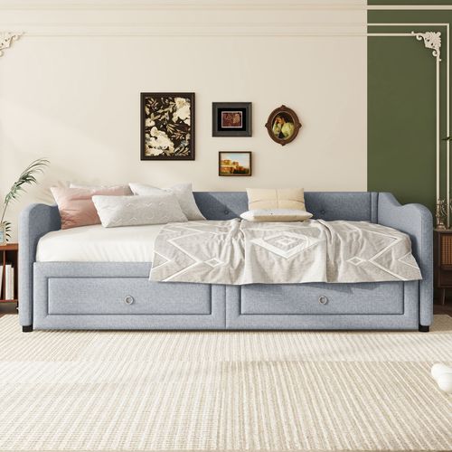 Lit Enfant 90x200 Cm Extensible 180x200 Cm Avec 2 Tiroirs Et Sommier à Lattes, Lin Gris