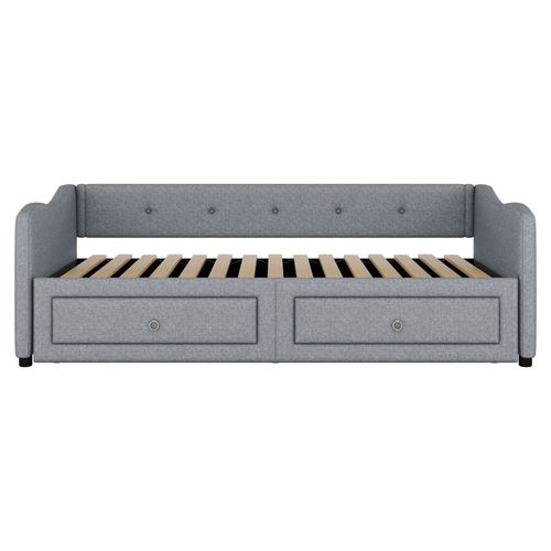 Lit Enfant 90x200 Cm Extensible 180x200 Cm Avec 2 Tiroirs Et Sommier à Lattes, Lin Gris