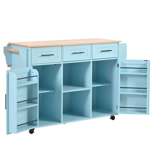Desserte De Cuisine Bleu, Plan Rabattable, 3 Tiroirs, 2 Portes, Étagères Réglables, Roulettes/pieds