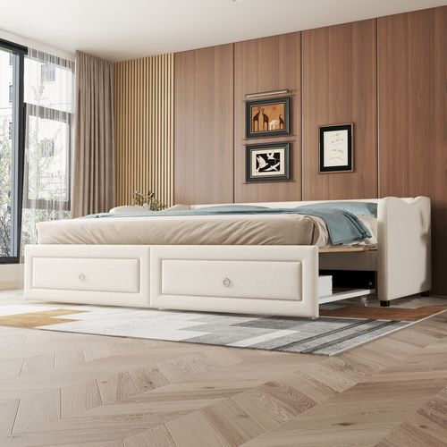 Lit Enfant Extensible 90/180x200 Cm Gigogne Avec 2 Tiroirs De Rangement, Lin Beige