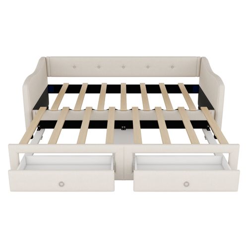 Lit Enfant Extensible 90/180x200 Cm Gigogne Avec 2 Tiroirs De Rangement, Lin Beige