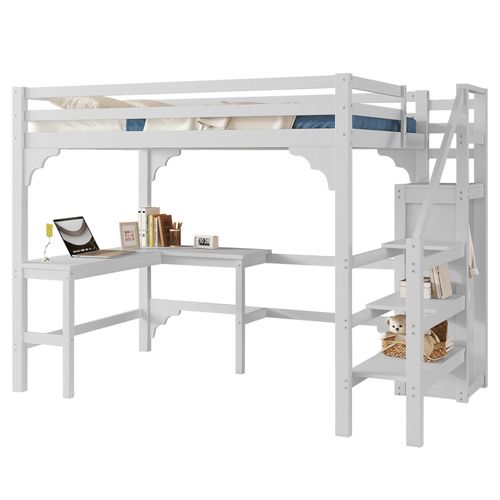 Lit Mezzanine Adulte 140x200 Cm Avec Bureau En L Et Rangements, Pin Blanc, Sommier à Lattes