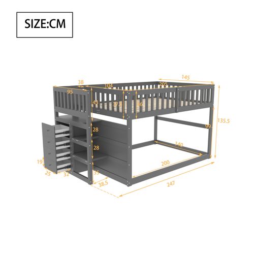 Lit Superposé 140x200 Cm En Bois Gris Avec 4 Tiroirs De Rangement Et Haute Barrière