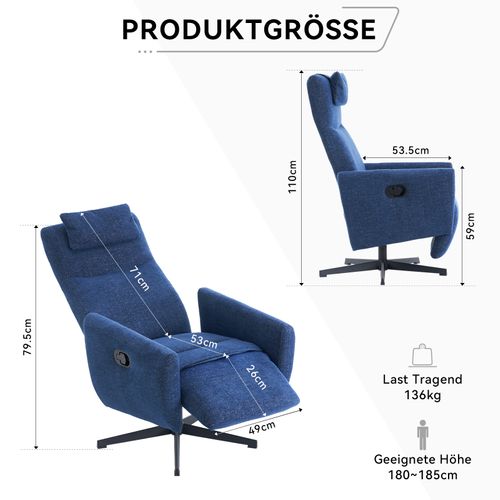 Fauteuil Relax Inclinable 100–150° Avec Repose-pieds, Tissu Chenille Bleu, Base Métal