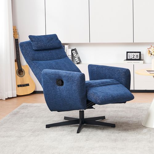 Fauteuil Relax Inclinable 100–150° Avec Repose-pieds, Tissu Chenille Bleu, Base Métal