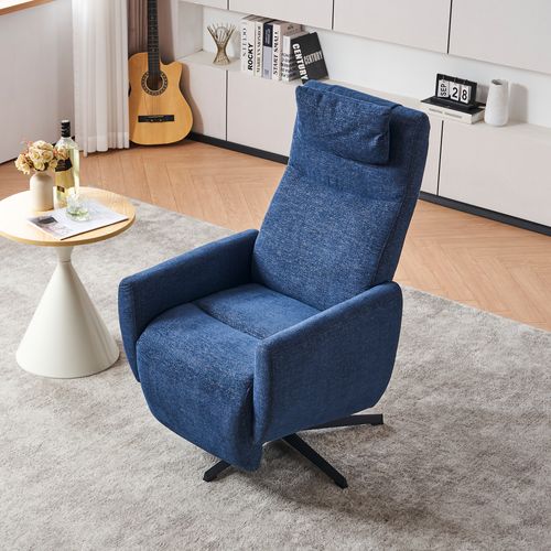 Fauteuil Relax Inclinable 100–150° Avec Repose-pieds, Tissu Chenille Bleu, Base Métal