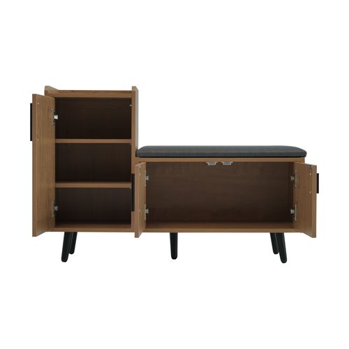 Banc à Chaussures 100x34x68,5 Cm Bois Naturel Avec 3 Portes, Coussin Coton-lin, Poignées Métal