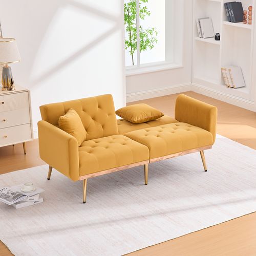 Canapé Convertible 2 Places 165x72,5 Cm Velours Moutarde, Dossier Réglable, Pieds Métal