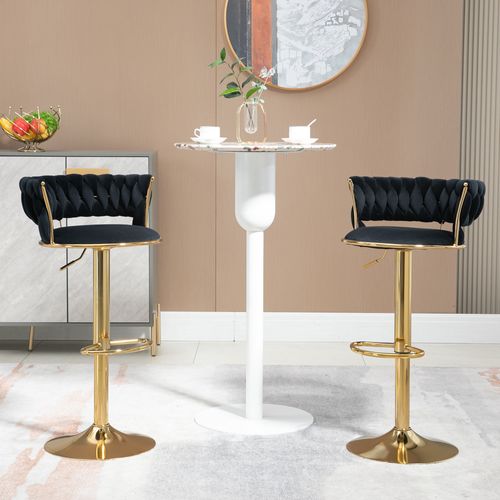 Lot De 2 Tabourets De Bar Pivotants Velours Noir, Hauteur Réglable 60-79,5 Cm, Base Dorée