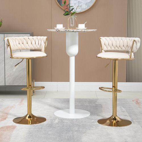 Lot De 2 Tabourets De Bar Pivotants Velours Ivoire, Réglables 60–79,5 Cm, Base Dorée