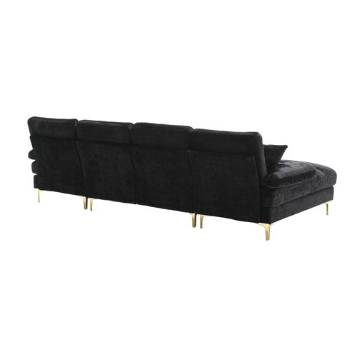 Canapé D’angle En U 4 Places En Chenille Noire 272x136x88 Cm Avec 2 Méridiennes
