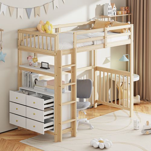 Lit Mezzanine Enfant 90x200 Cm Avec 6 Tiroirs Et Étagères, Pin Naturel Et Blanc