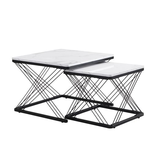Tables Basses Gigognes 60 et 45 Cm Effet Marbre Laqué, Pieds Réglables, Noir/blanc
