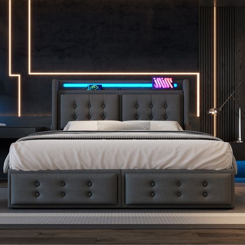 Lit Adulte 160x200 Cm Avec 4 Tiroirs, Tête à LED Et Ports USB/type‑c, Tissu Coton-lin Gris