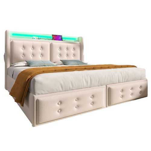 Lit Adulte 180x200 Avec 4 Tiroirs, Éclairage LED Et Ports USB/type-c, Coton Et Lin Beige