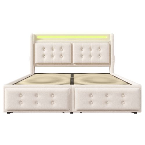 Lit Adulte 180x200 Avec 4 Tiroirs, Éclairage LED Et Ports USB/type-c, Coton Et Lin Beige