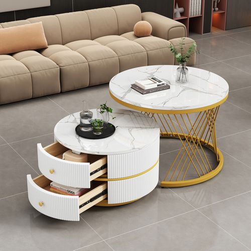 Tables Basses Gigognes Rondes Blanc Effet Marbre – 2 Pièces, 60 Cm + 50 Cm, 2 Tiroirs